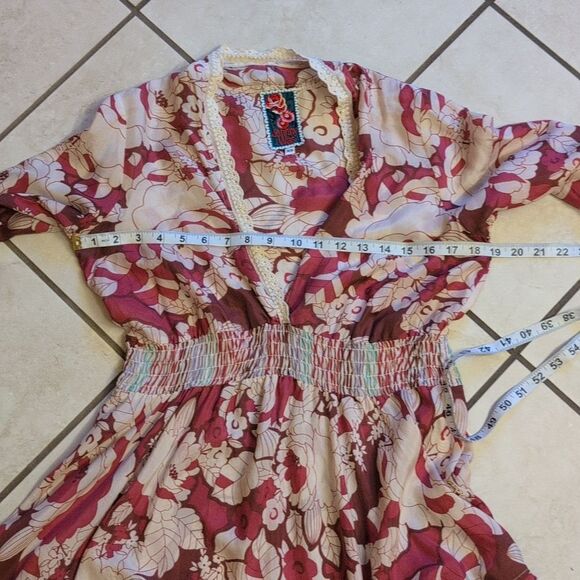 Johnny Was Silk Long Sleeve Blouse V Neck Pink Cream Elastic Waist Size XS - Picture 6 of 8